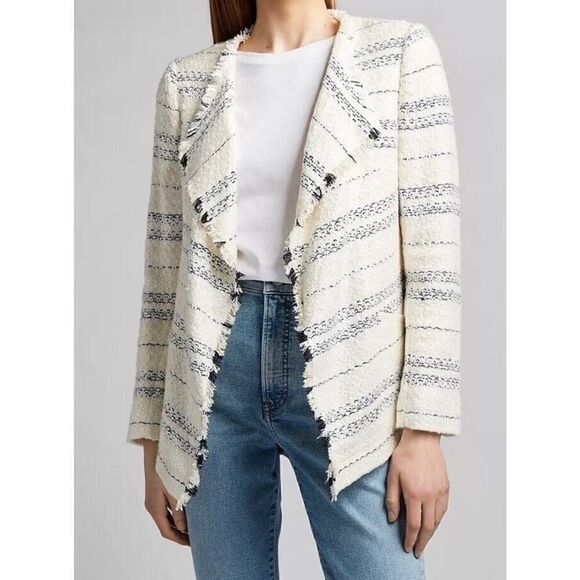 EXPRESS $158 NAVY STRIPE DRAPED BOUCLE BLAZER SZ S SMALL - Picture 1 of 11